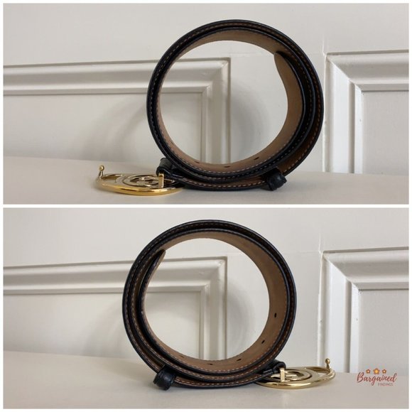 Authentic Gucci Black Pebbled Leather Gold Interlocking G Buckle Belt 80/32 main image 10
